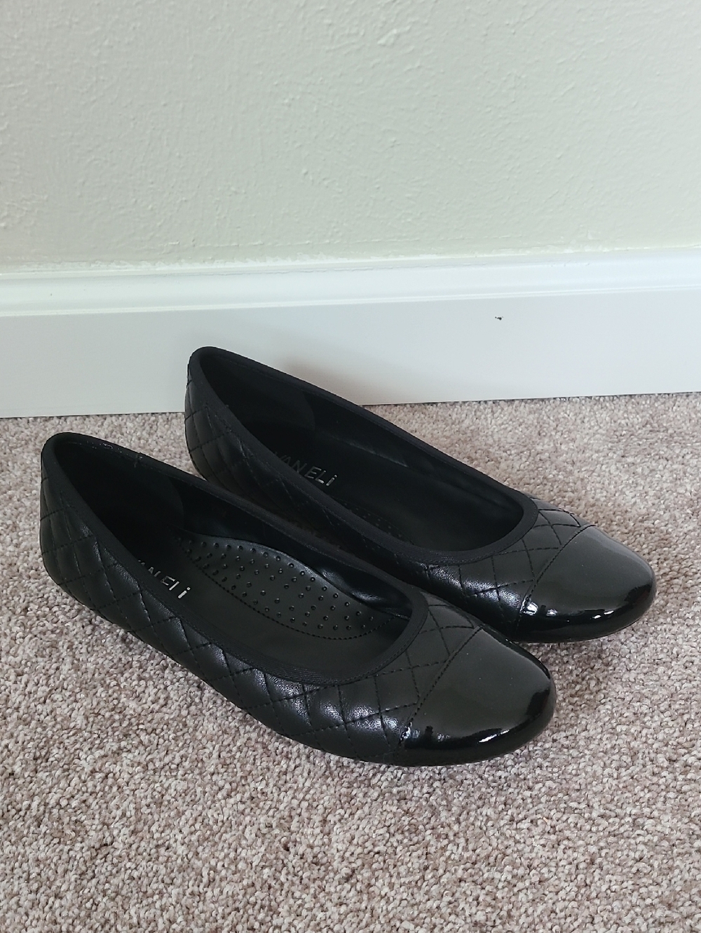 Vaneli Black Quilted Ballet Flats with Patent Toe